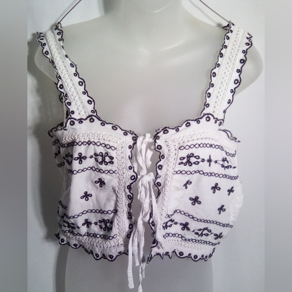 Embroidered Hippie White Black Women's Summer Crop Tie Chest Top - Picture 3 of 7